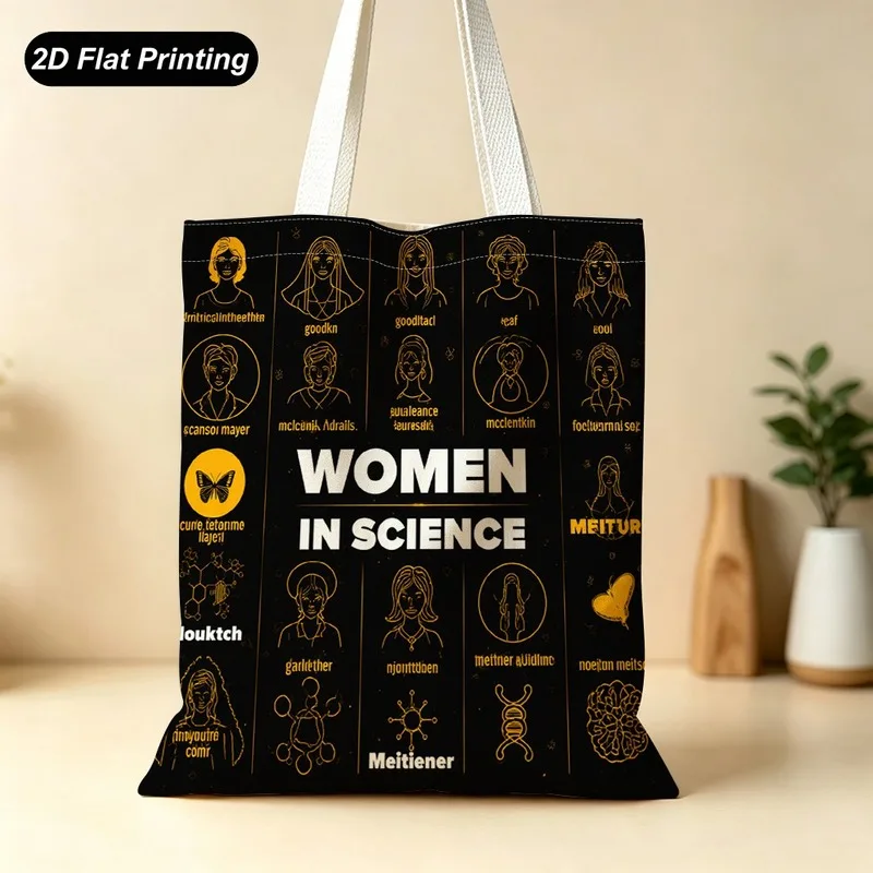 1PC【Tote Bag】2DFlat effect，PrintedWomen In ScienceTote bag with a line-drawing print of a female scientist，Large capacity and en