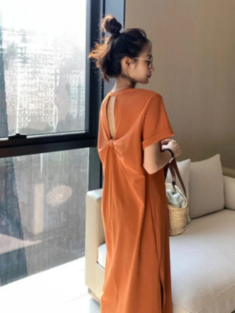 korean T Shirt Dresses for Women Summer Beach Sexy Back hollow Side split Casual dress Party cotton Comfortable Long solid Dress