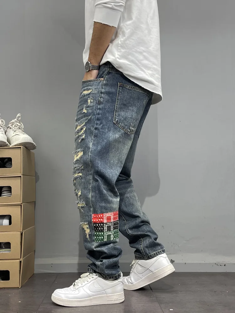 

Waed Ripped Patchwork Straight Leg Jeans Men's Patched Color Blo Cone Straight Long Pants High Street Sle Haome Jeans