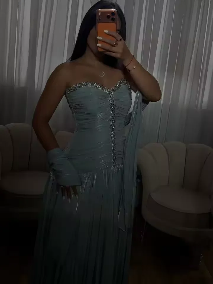 Customized Sweetheart Sleeveless Prom Dress Blue A-Line Crystal Embellishments Party Dress Formal Dubai Arabian Evening Dress