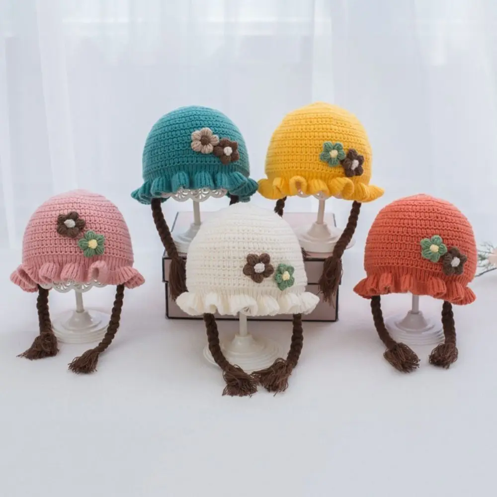 

Warm Flower Kid's Beanie Knitted Wool Baby Winter Hat Thickened Braids Knitted Cap Baby Girl