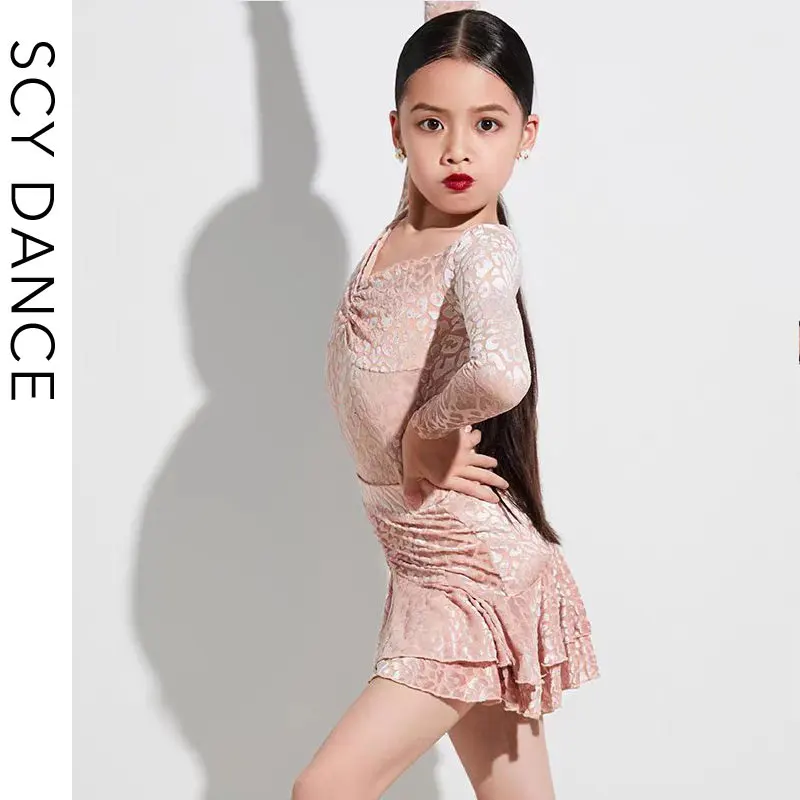 Roupas infantis de dança latina SCY Premium – Novo design de veludo estampado para treinamento profissional e conjunto de desempenho