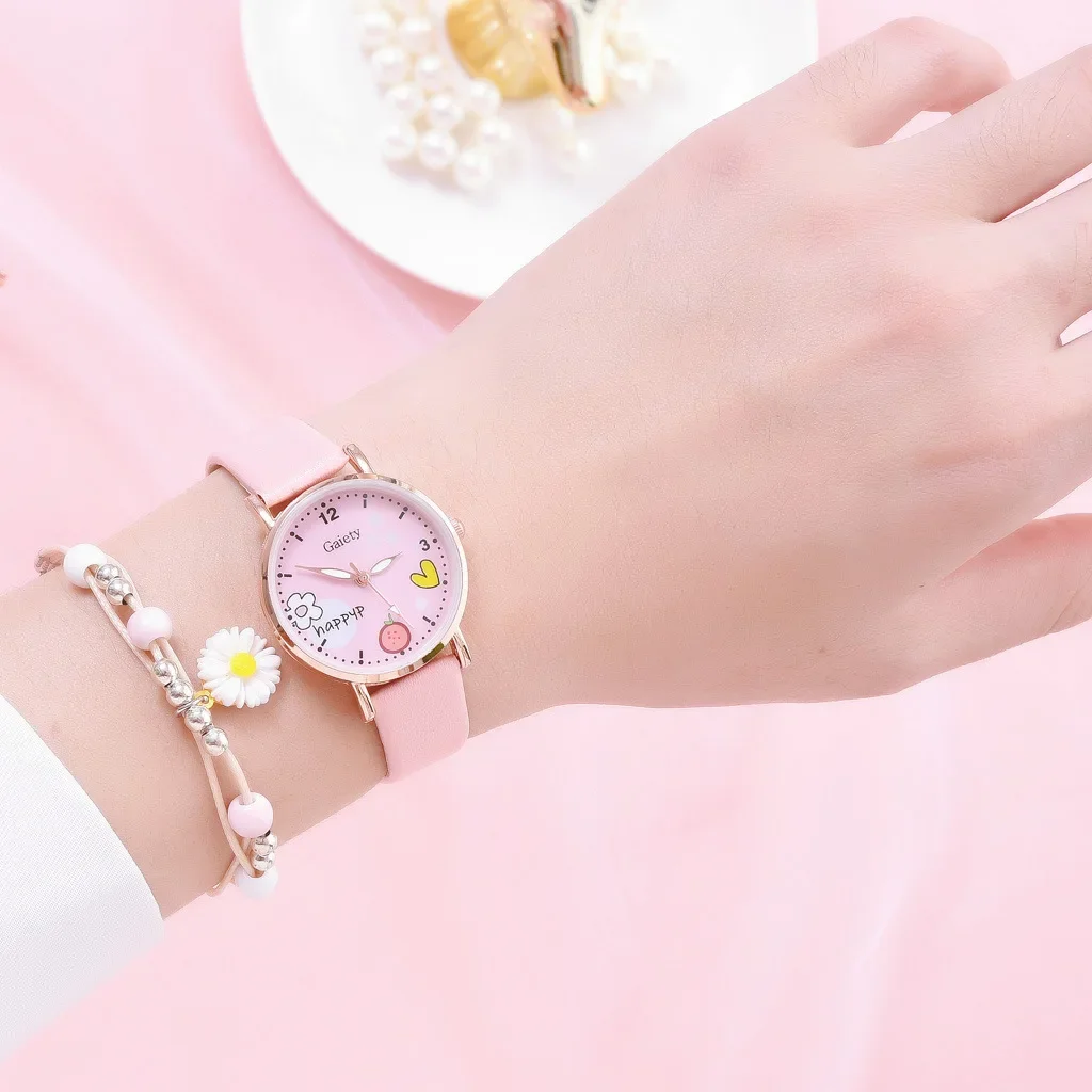 Reloj de pulsera con patrón de dibujos animados para niños, conjunto de reloj de cuarzo para niñas, relojes para estudiantes, moda femenina, Rosa