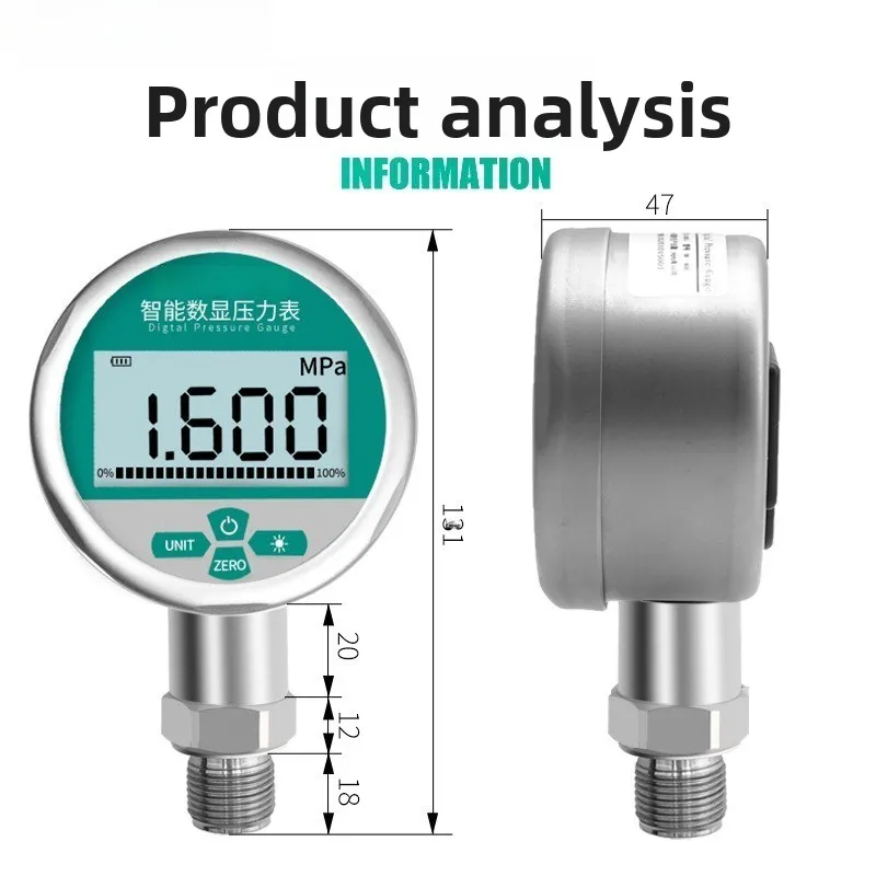 Digital Pressure Gauge, Stainless Steel Shock Resistant Pressure Meter, High Precision Digital Manometer with Unit Conversion