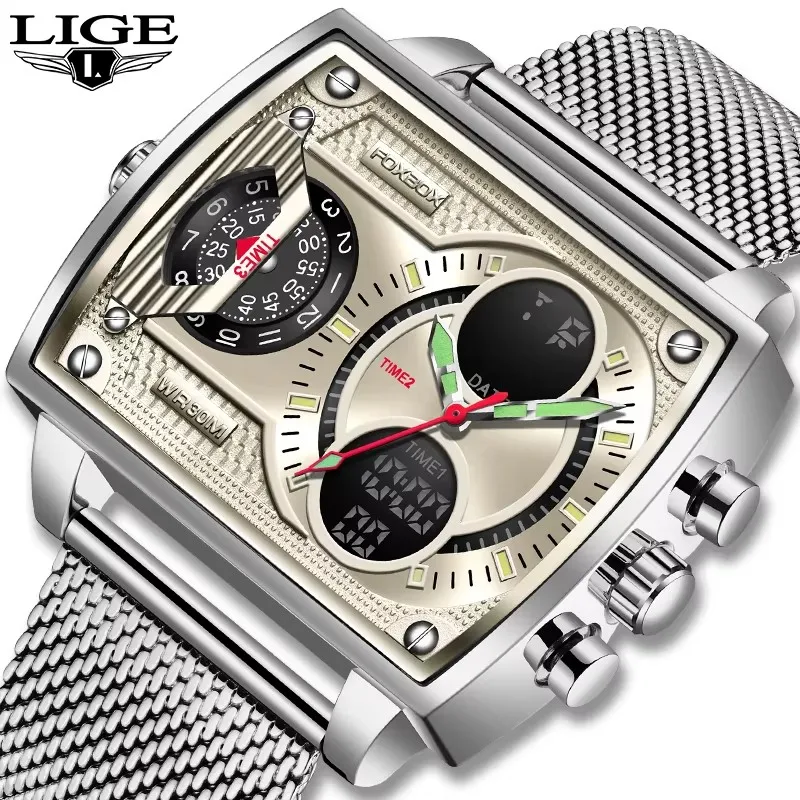 Orologi da uomo quadrati di moda FOXBOX Orologio da uomo di lusso delle migliori marche Orologio sportivo casual impermeabile con doppio display Relogios Masculino + scatola