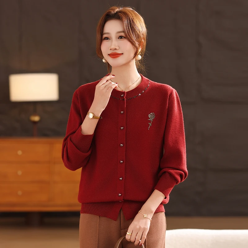 

Весенний модный вязаный красный кардиган для женщин: теплый, свободный крой, для свадеб и праздников, одежда для беременных