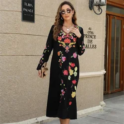 Eaeovni Traditional Mexican Dresses for Women Winter Gathered Dress Vintage Floral Embroidery Flowing Deep V Neck Midi Dress