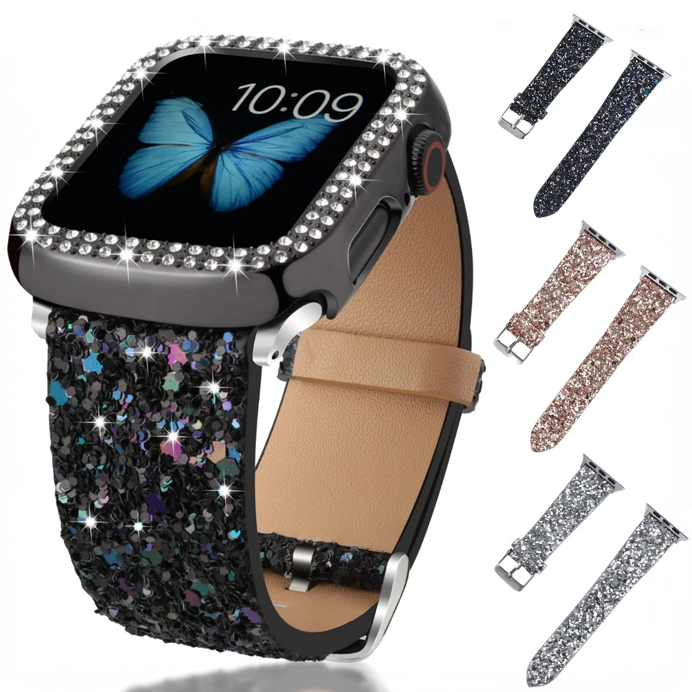 

Diamond Case+Leather Strap for Apple Watch 49mm 45mm 44mm 42mm 38mm 40mm 41mm Fashion Wristband iWatch Ultra 9 8 7 6 5 4 3 SE 2
