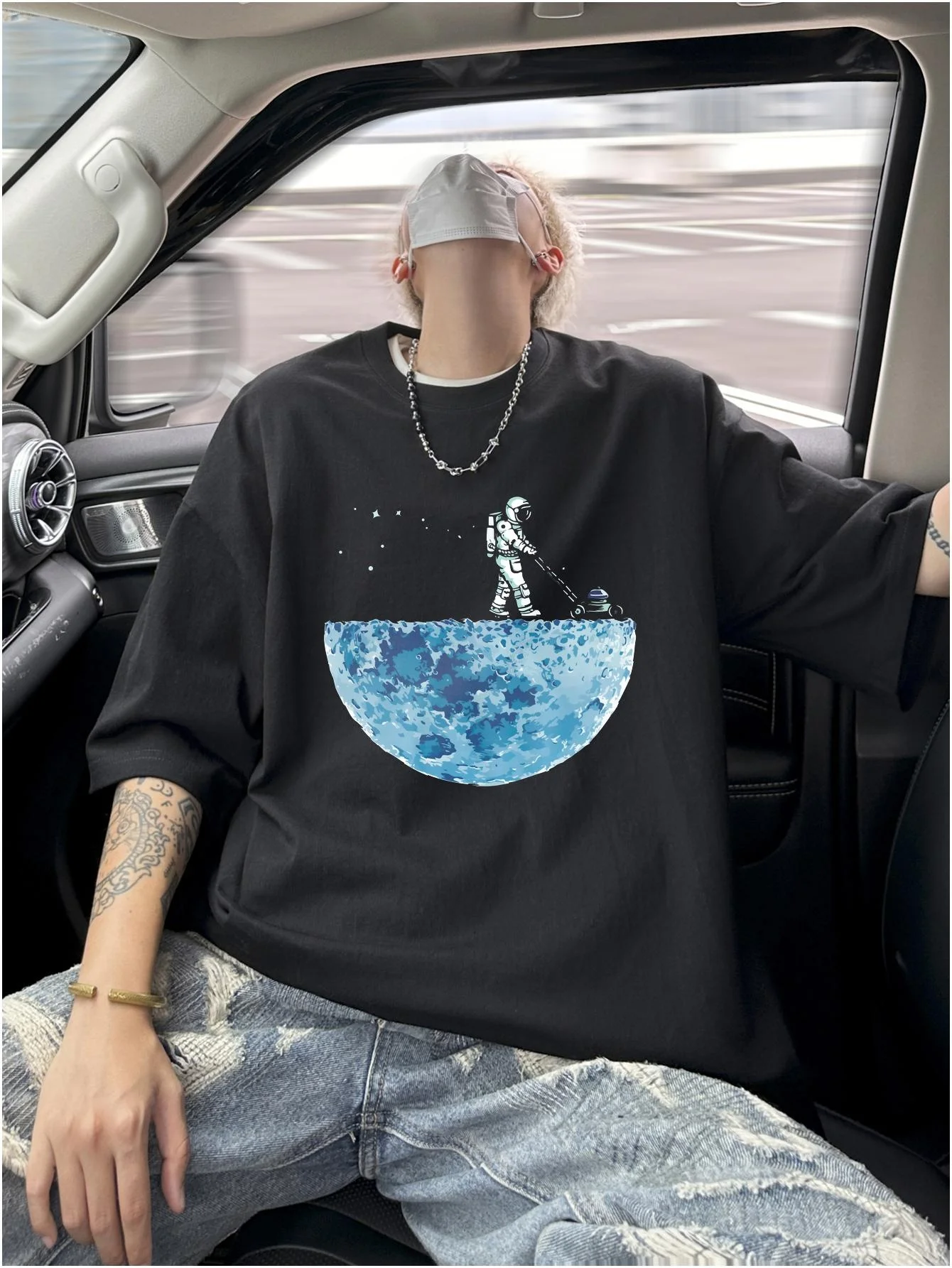 Astronaut Graphic Men Hip Hop Tee Shirts Oversized Y2k Casual 100% Dense Cotton Tops Tshirts Harajuku Male T-shirts Hip Hop