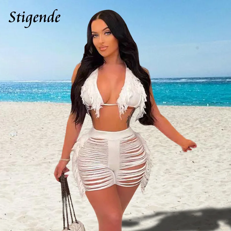 Stigende Women Fringe Tassel Bikini Shorts Set Hollow Out Jamaican Crochet Swimwear Summer Beach Knitted Cover Up Swimsuit