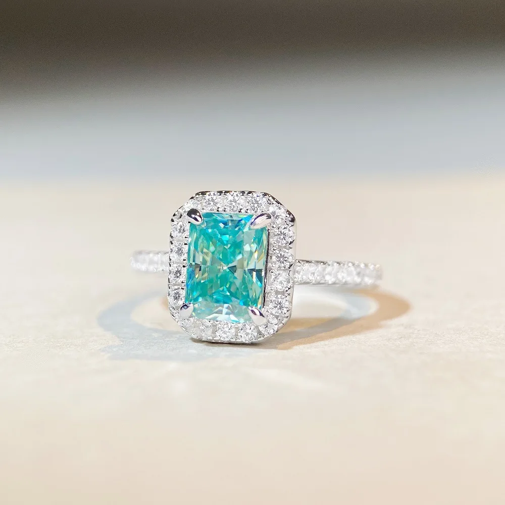 2ct Green Color Radiant Cut Moissanite Women Ring 925 Sterling Silver Moissanite Diamond Wedding Engagement Ring Pass Tester