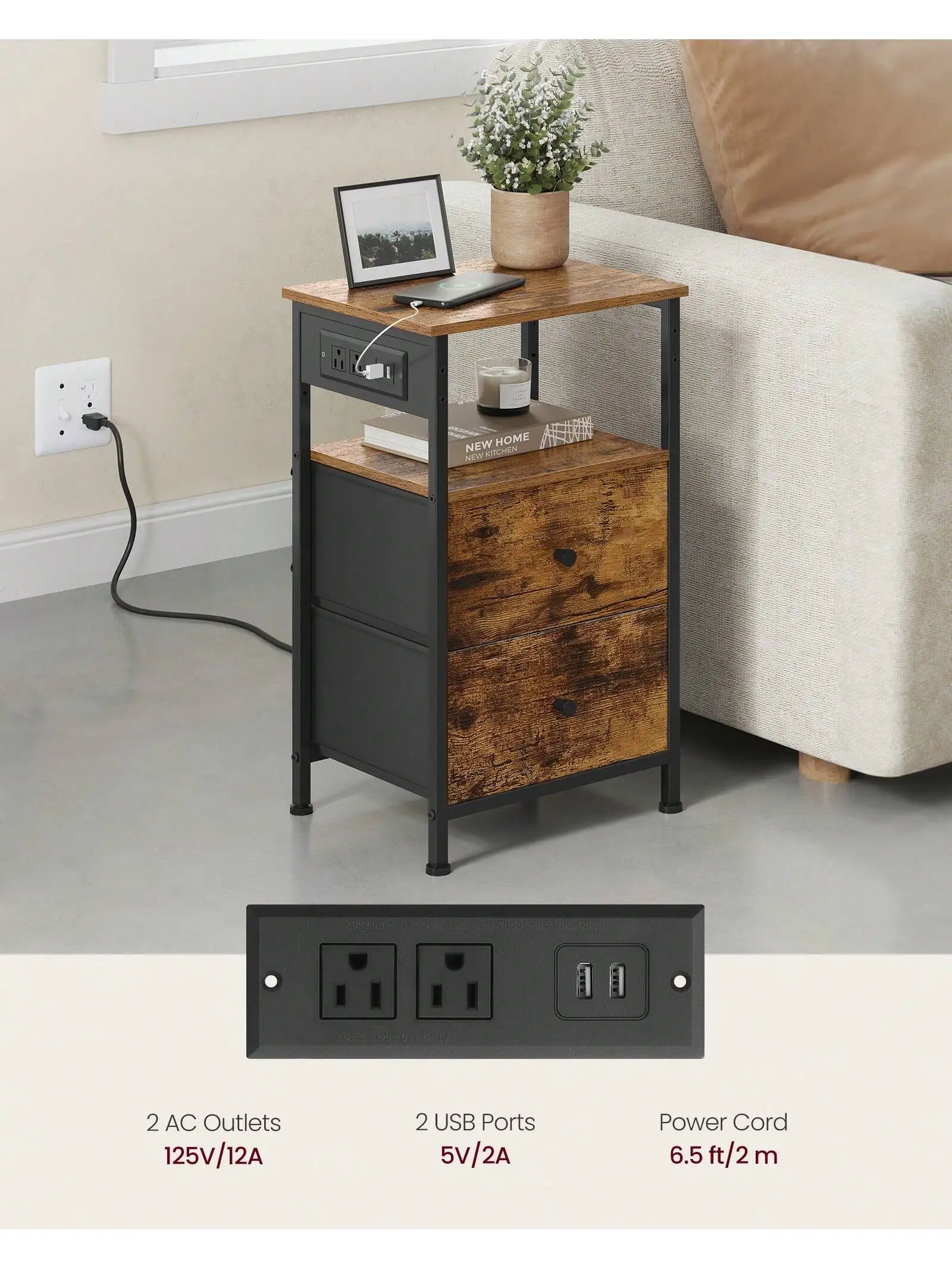 

VASAGLE Nightstand With Charging Station, Night Stand, Side Table With 2 Drawers And 1 Open Shelf, Fabric Drawers With MDF Fr