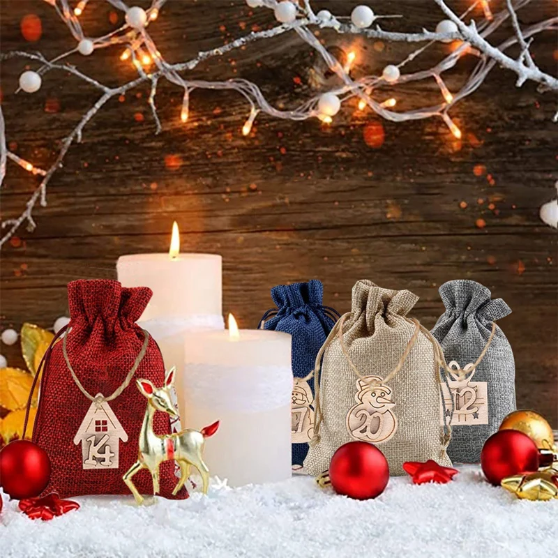 Christmas Advent Calendar Bag Set 24 Days Drawstring Gift Bag With Christmas Hanging Wooden Pendant Candy Bag