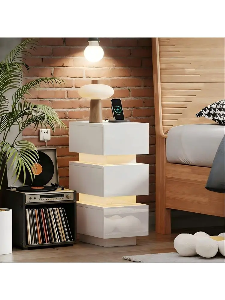Table with 3 Storage Drawers, Slim Nightstand Cabinet with Charger Station LED Light for Bedroom, Small Living Room End Table S