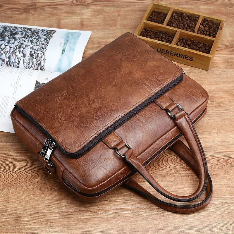 Maleta de couro para homens, bolsa de couro 14 ", cruz de ombro para computador portátil, mensageiro do escritório, bolsa transversal masculina, masculina