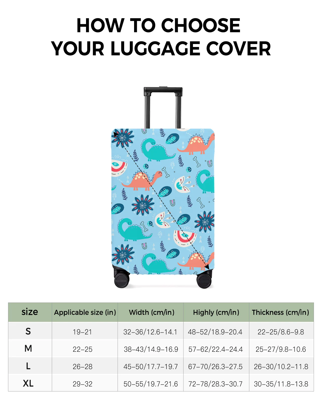 Dinosaur Flowers Leaves Cartoon Luggage Cover Stretch Suitcase Protector Baggage Dust Cover for 18-32 Inch Travel Suitcase Case