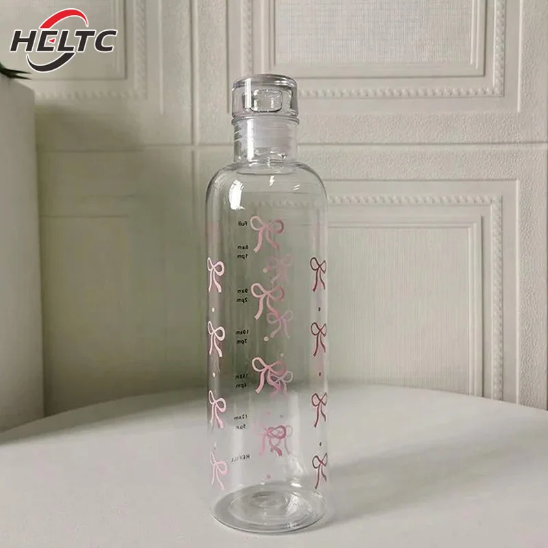 1pcs 500ML Kawaii Bow Plastic Water Bottle With Time Scale Transparent Water Cup Outdoor Sports School Drinking Water Bottle