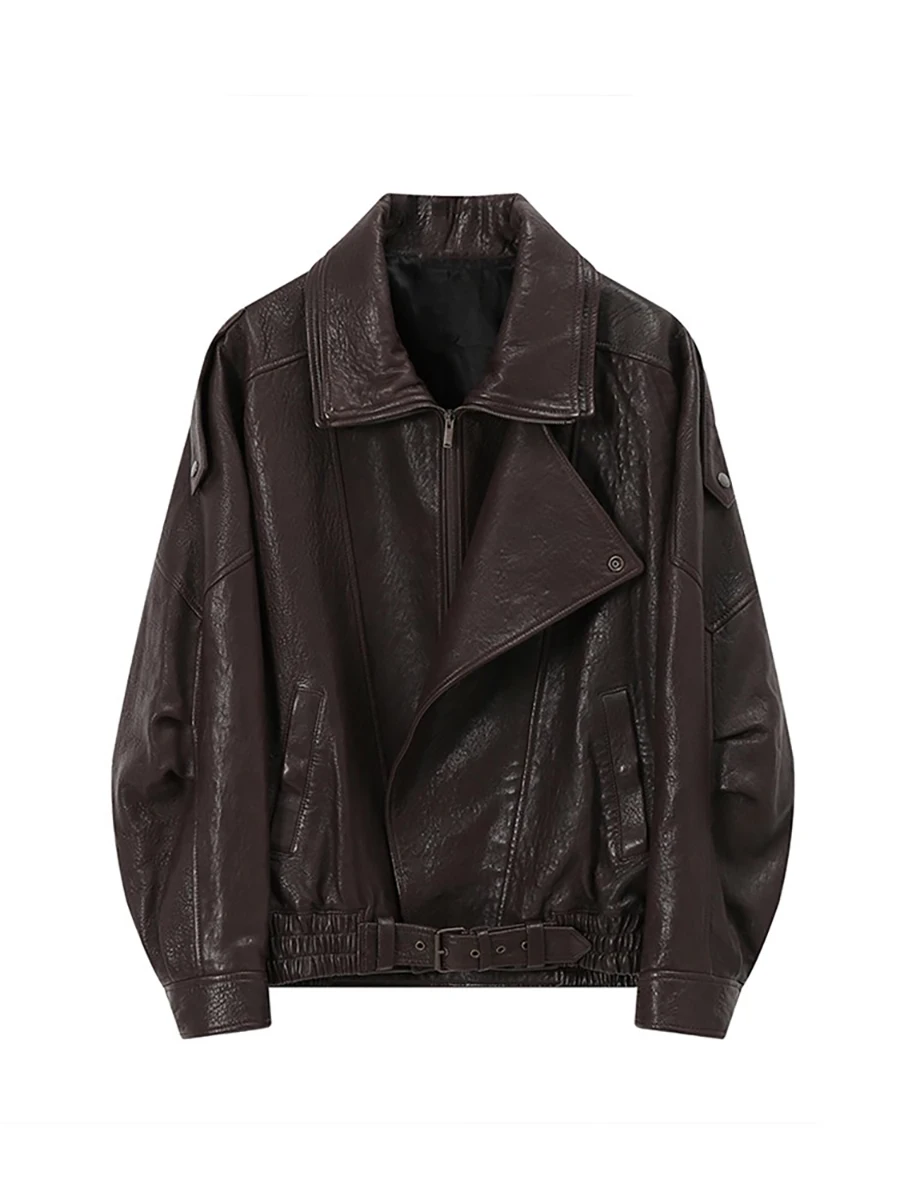 Lautaro Autumn Brown Oversized Pu Leather Moto & Biker Jacket Women  Long Sleeve Zippper High Quality American Retro Clothing