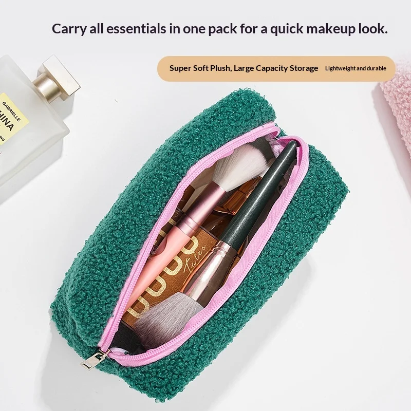 1pcs Zipper Plush Bag Large Solid Color Lovely Cosmetic Bag Can Carry Cosmetics Toiletries Stationery Storage Bag