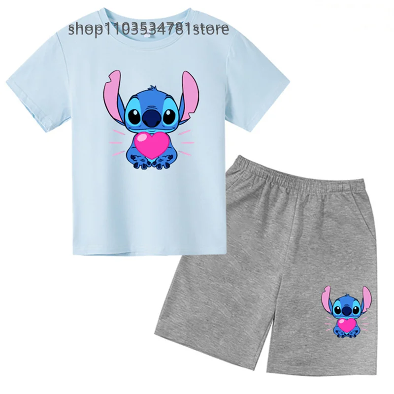 Summer Cute Stitch Children's boy Two-piece T-shirt set Round Neck Casual Short Sleeve Girl Short sleeve shorts