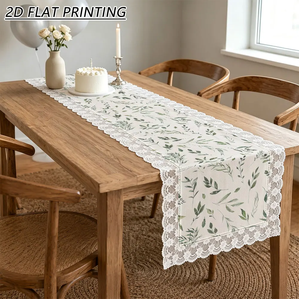 1pc Watercolor Green Leaf Pattern Tulle Lace Table Runner For Farmhouse Dinner Holiday Gathering