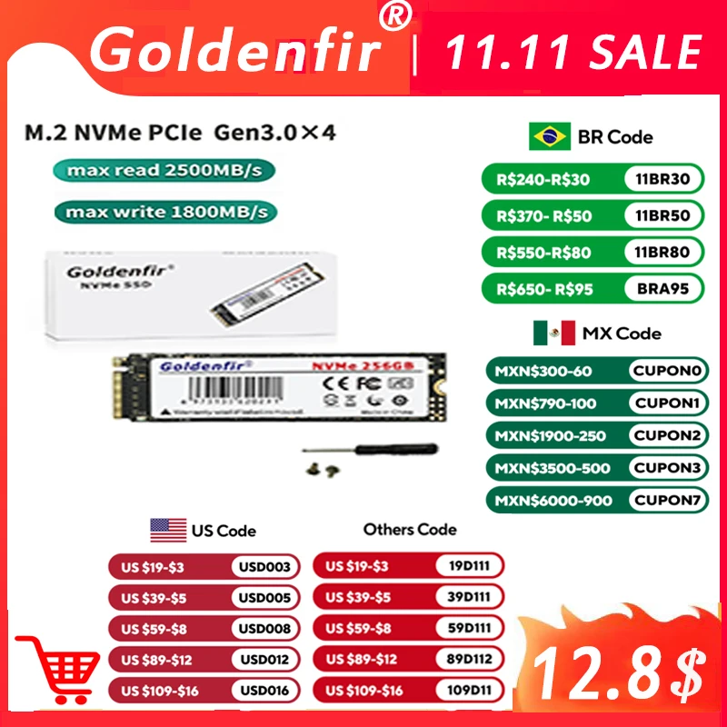 M2 SSD NVMe 256GB Goldenfir M.2 PCIe 128GB 120GB 512GB 1T Solid State Disk 2280 Internal Hard Drive for Laptop Desktop TLC/QLC