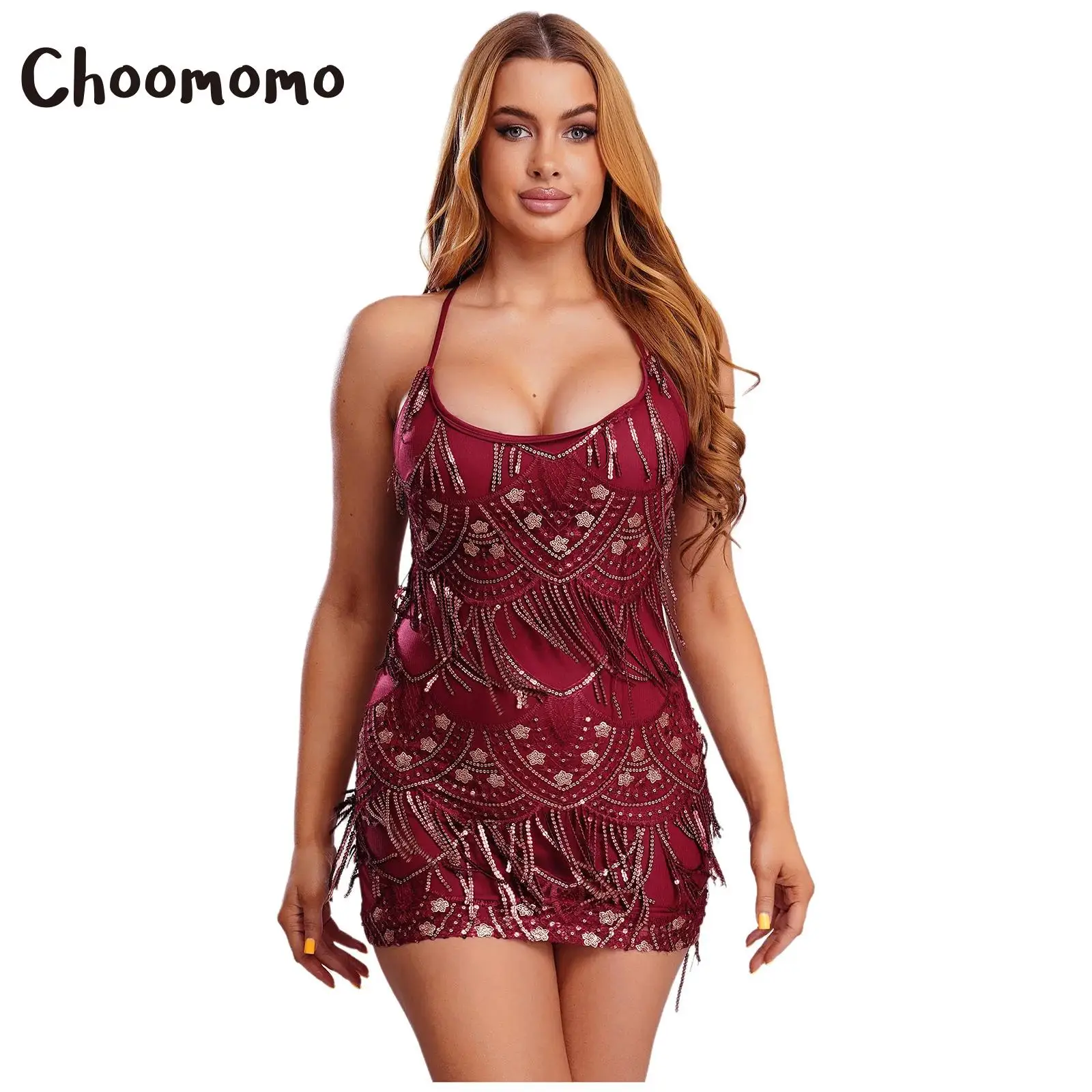 

Women Fringed Latin Dance Dress Sequined Embroidery Mini Dress Shiny Tassel Backless Bodycon Dress Tango Cha-Cha Salsa Costume