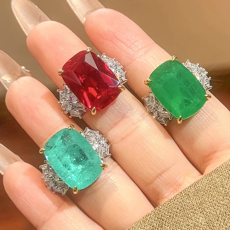Cushion Cut Multicolor Cubic Zirconia Cocktail Ring Two Tone Plated Baguette Side Stone Luxury Women Wedding Finger Jewelry