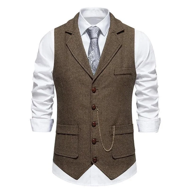 Men\'s Retro Lapel Chain Vest Fashion Herringbone Coarse Tweed Pockets Suit Vest Casual Business Waistcoat Leisure ropa hombre