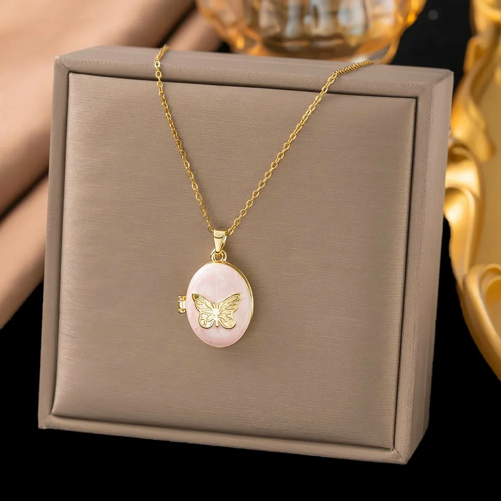 Vintage Gold Tone Stainless Steel Enamel Multi Floral Butterfly Star Openable Photo Locket Pendant Necklace for Women Jewelry