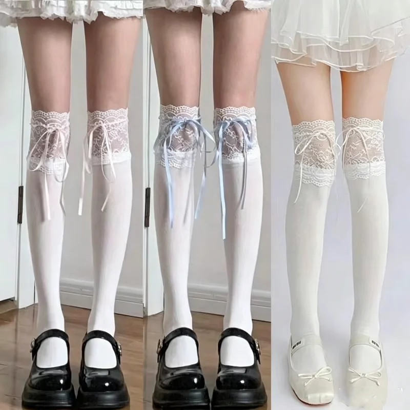 Girls Lolita Velvet Stockings White Knee Length Stockings Lace Splicing High Tube Sock Ribbon Bowknot Long Socks Women Footwear