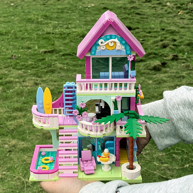 Friends City House Summer Holiday Villa Castle Building Blocks Pink Apartment Swimming Pool DIY Toys Christmas Gift for Kid Girl