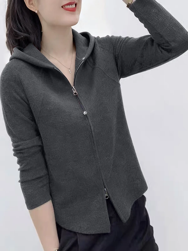 

Женский кардиган-худи на двойной молнии, свободного кроя, с длинными рукавами, теплый, модный, осенне-зимний, для похудения и сохранения тепла