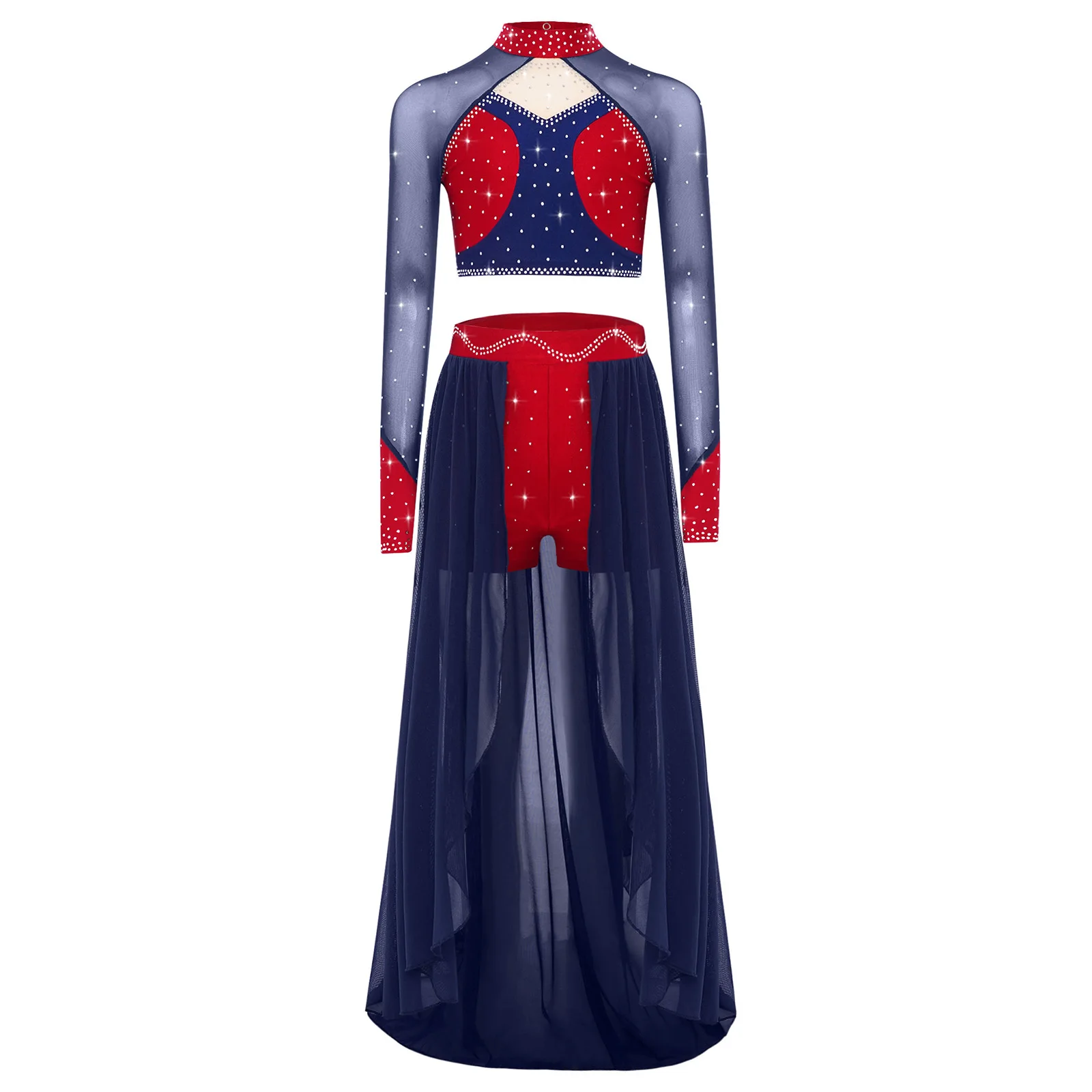 

Kids Girls Contemporary Lyrical Dance Outfit Long Sleeve Mesh Patchwork Color Block Shiny Rhinestones Crop Top+Shorts Skirt Set