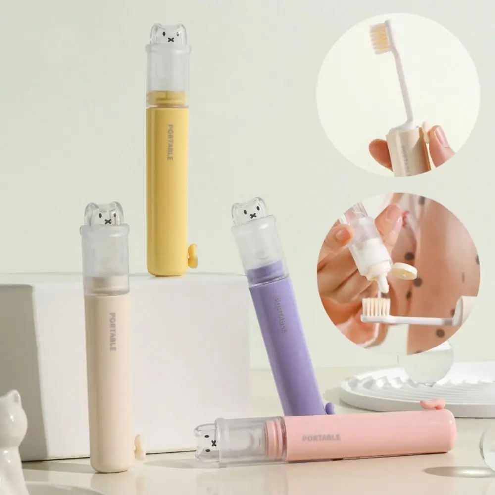 Cute 2-IN-1 Travel Toothbrush Portable Foldable Toothpaste Dispenser Mini Toothbrush Set for Outdoor Camping Travel