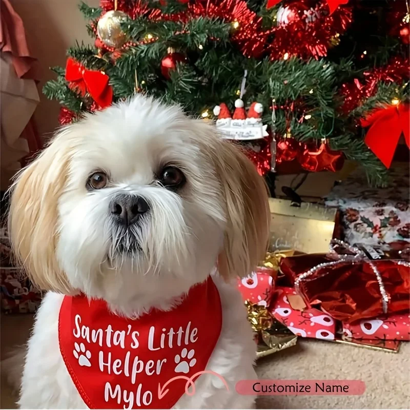 Personalized Christmas Pet Bandana Custom Name Red Dog Cat Scarf Santa Helper Holiday New Year 2026 Photo Prop Gift