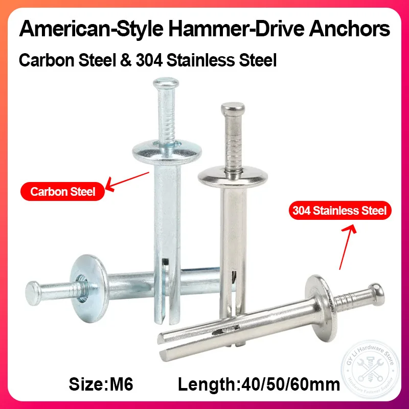 M6 Hot Selling Hammer‑Drive Anchors American‑Style Knock‑in Bolts For Security Window Door Carbon Steel & 304 Stainless Steel
