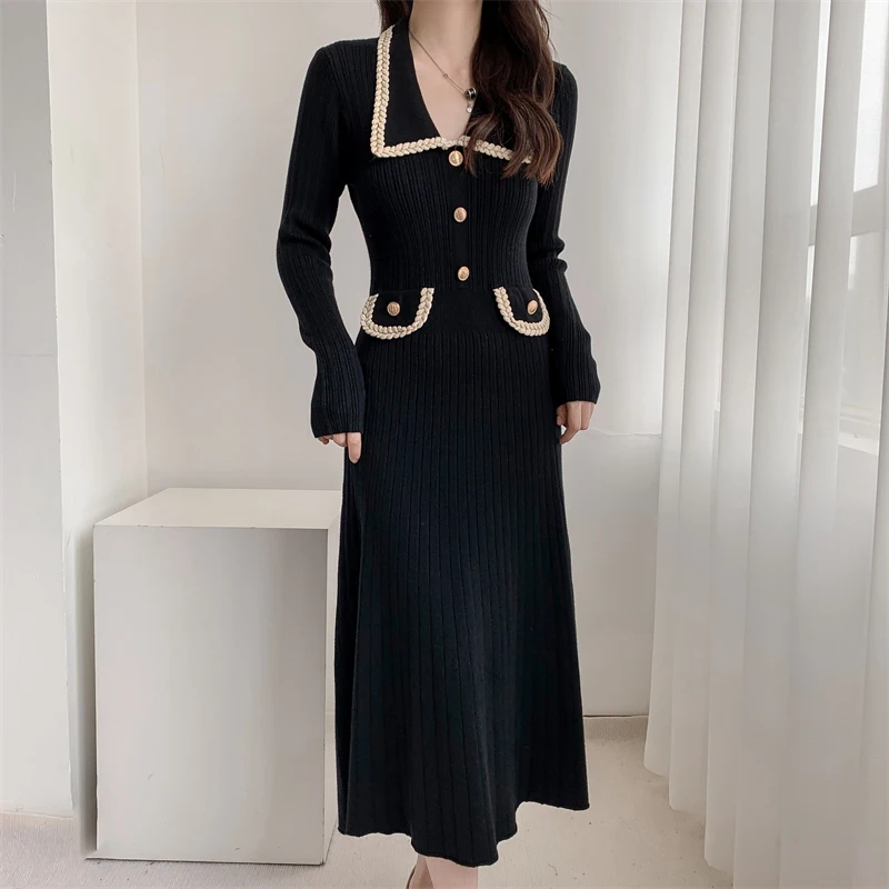 

Women Autumn Winter Buttons Knitted Sweater Dress French New Casual Chic Luxury Sense Of Design Polo Collar Long Party Dresses