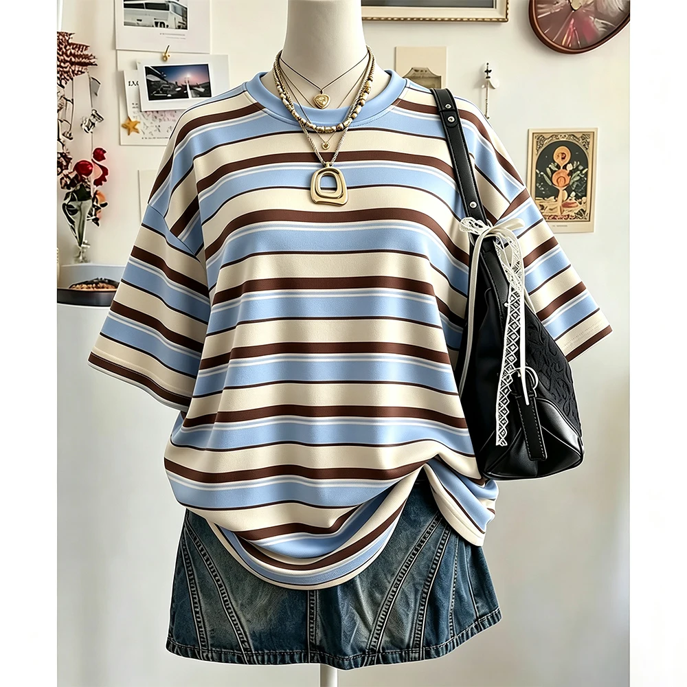 Summer New Y2K Striped 3D Print Casual Oversized Mid-Length Round Neck Drop Shoulder Women Tee Street Fashion Casual Sports Top﻿