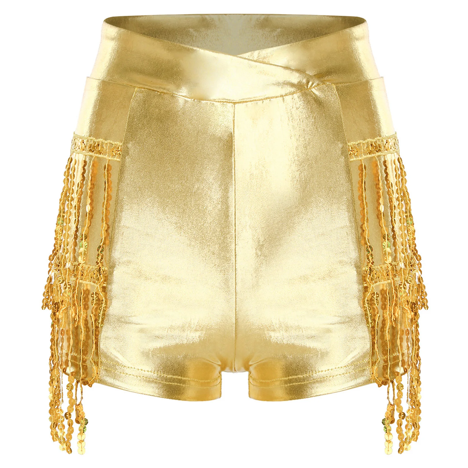 Damskie metaliczne, błyszczące krótkie spodenki do tańca latynoamerykańskiego, disco, jazzu, zdobione frędzlami, mikro szorty do rumby, tanga, tańca na rurze, spodnie sceniczne.