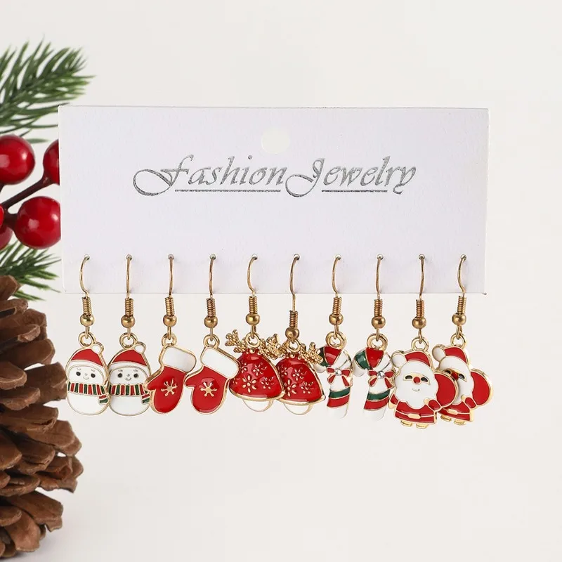 10PCS Christmas Earrings Set Alloy Dripping Oil Snowflake Santa Claus Stars Earrings Women Jewelry Christmas Gifts