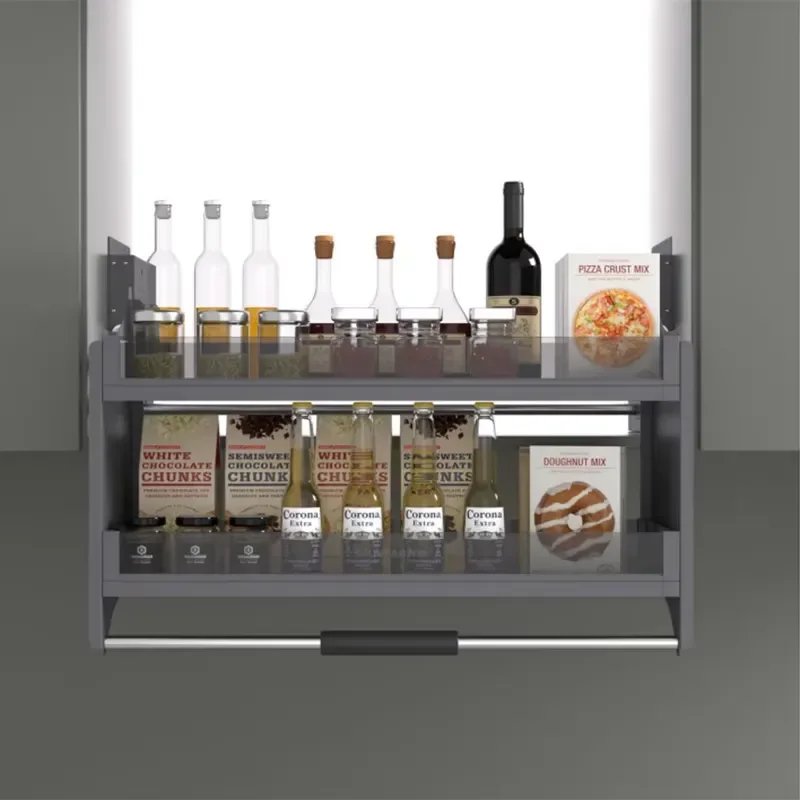 Wall-Mounted Pull-Down Spice Rack Storage Lifter Lift-Up Basket Kitchen Cabinet Space Aluminum Alloy + Glass Wall Cabinet