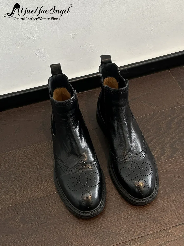 Female Fleece Lining Cowhide Ankle Boots Women Block Heel Genuine Leather Chelsea Boots Slip-On Vintage Round Toe High-top Shoes