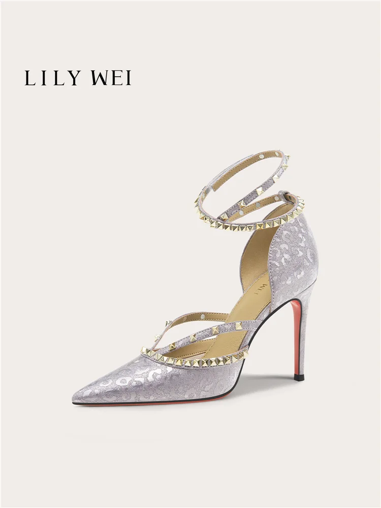 Summer New Pointed Hollow Leather Riveted Strap Sandals Banquet Dress Large Size Small Size Widening High Heels Women's Shoes