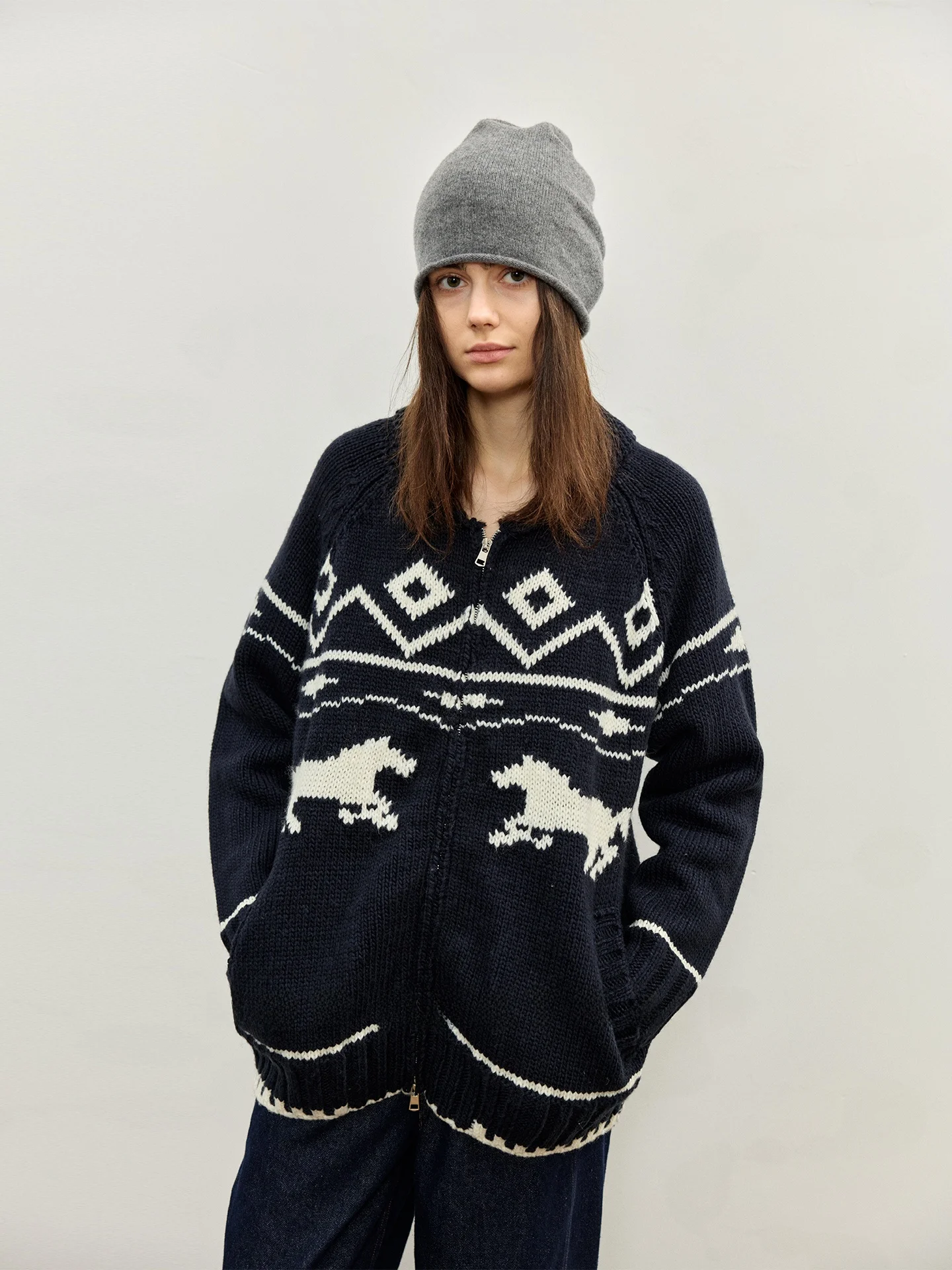 

Женский свободный шерстяной кардиган с воротником-стойкой и двойной молнией, вязаный в стиле Fair Isle, без утягивающих элементов, верхняя одежда