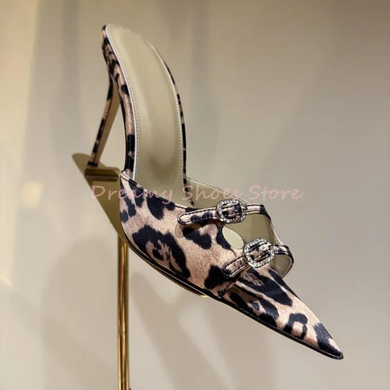 

Leopard Print Satin Rhinestone Pointed Stiletto Slippers Women Hollow Buckle Strap Mules Sandals Sexy Fashion Party Dress Shoes