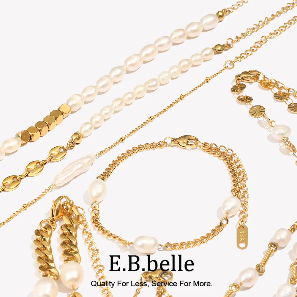 E.B.belle Elegant Style Stainless Steel Freshwater Pearl Bracelets 18K Gold Plated Party Wedding Women Hand Jewelry