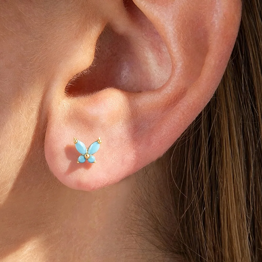 1PC Stainless Steel Blue Butterfly Zircon Stud Earrings For Woman 14K Gold Plated Fashion Screw Engagement Birthday Jewelry Gift