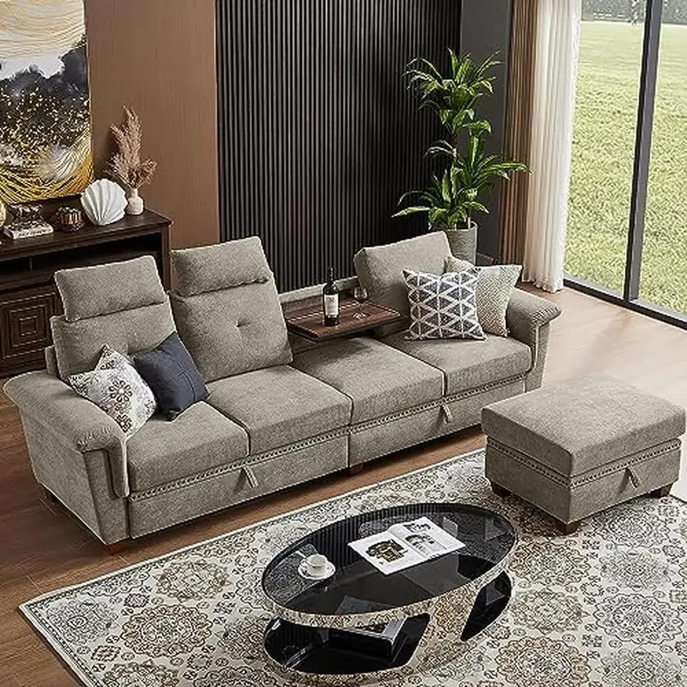 Sectional Sofa with Storage L Shaped Couch Cup Holder Modern Microfiber Fabric Sofas Couches Comfortable High-Resilient Foam