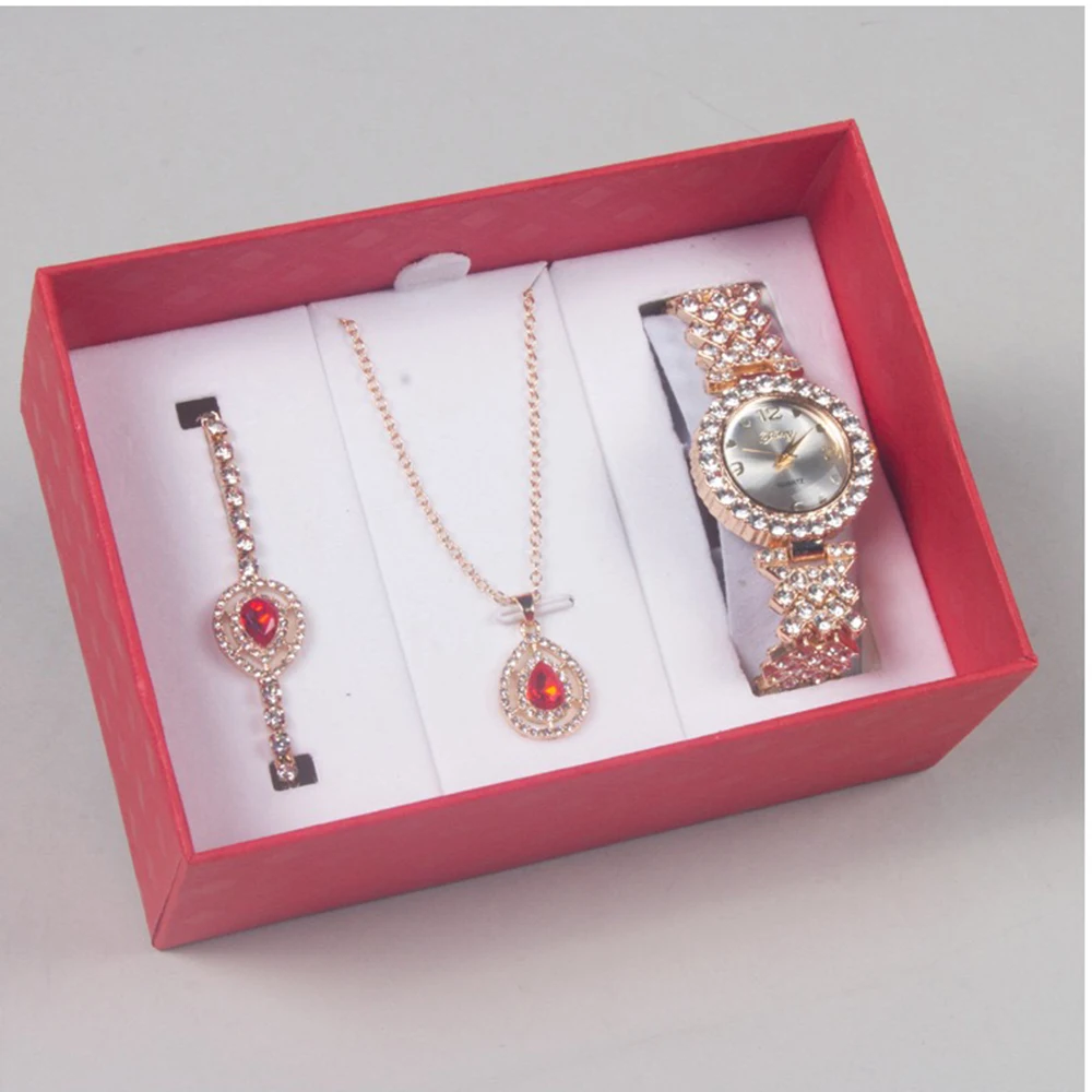 Luxury Diamond Quartz Watch for Women Elegant Dress Analog Quartz Wirstwatch With Pendant Neklace Bracelet +BOX Gift 3Pcs Sets